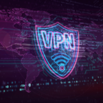 VPN neon sign on map background.