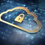 Golden cloud icon with padlock on digital background.