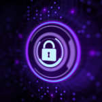 Closed lock icon on purple neon light on a circuit background.