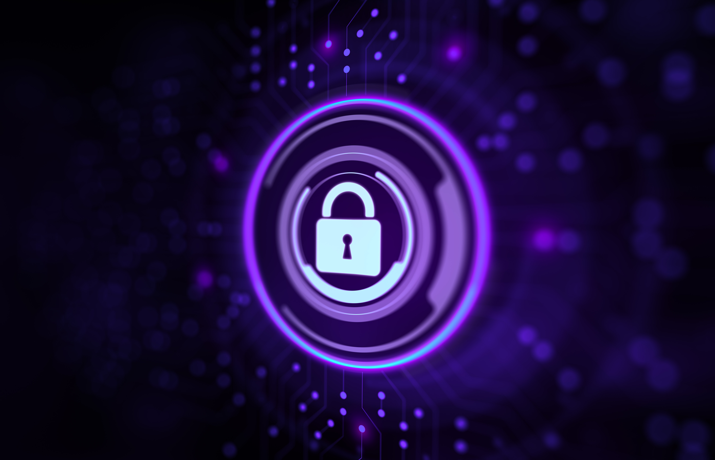 Closed lock icon on purple neon light on a circuit background.