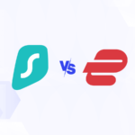 Versus graphic featuring the icons of Surfshark and ExpressVPN.