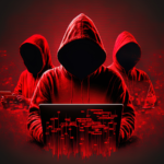 Faceless hackers in red shadows using laptops, along with abstract digital symbols.