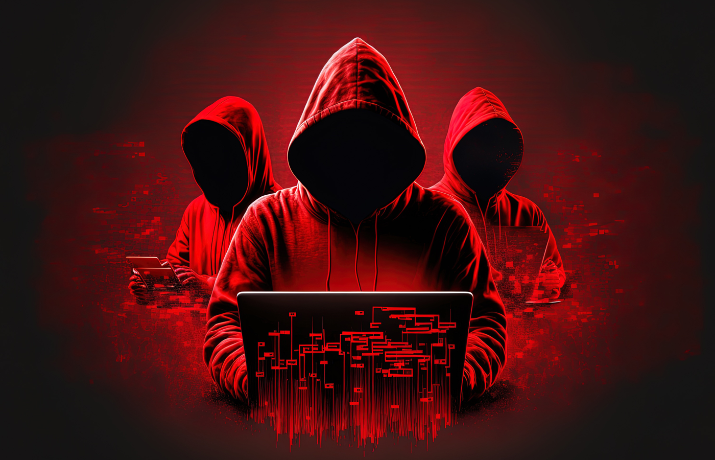 Faceless hackers in red shadows using laptops, along with abstract digital symbols.