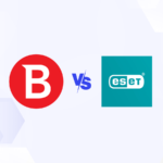 Versus graphic featuring the icons of Bitdefender and ESET.