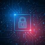 Closed lock icon on integrated circuit board.