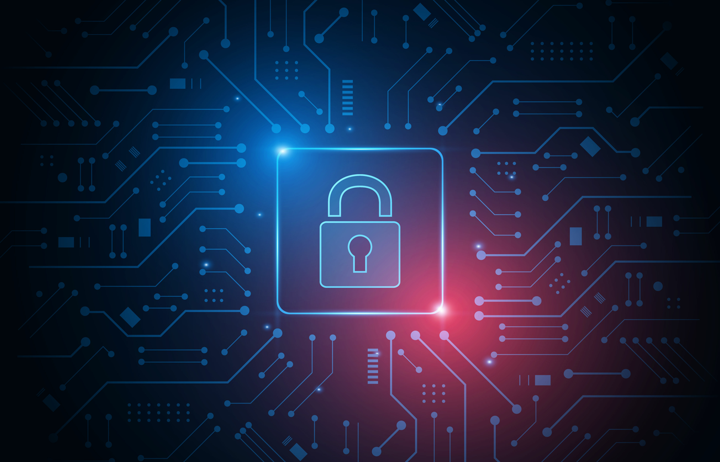 Closed lock icon on integrated circuit board.