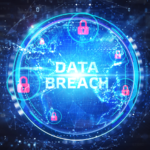 Data breach text with digitized globe and padlock icons on abstract technology background.