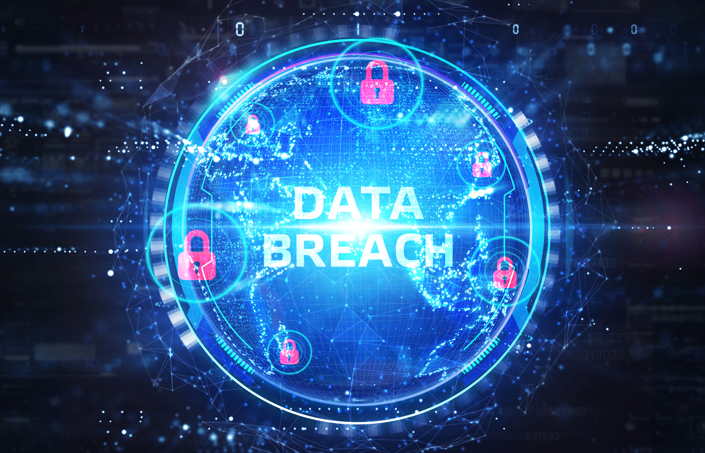 Data breach text with digitized globe and padlock icons on abstract technology background.