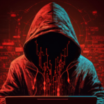 Hooded hacker stealing data with a laptop.