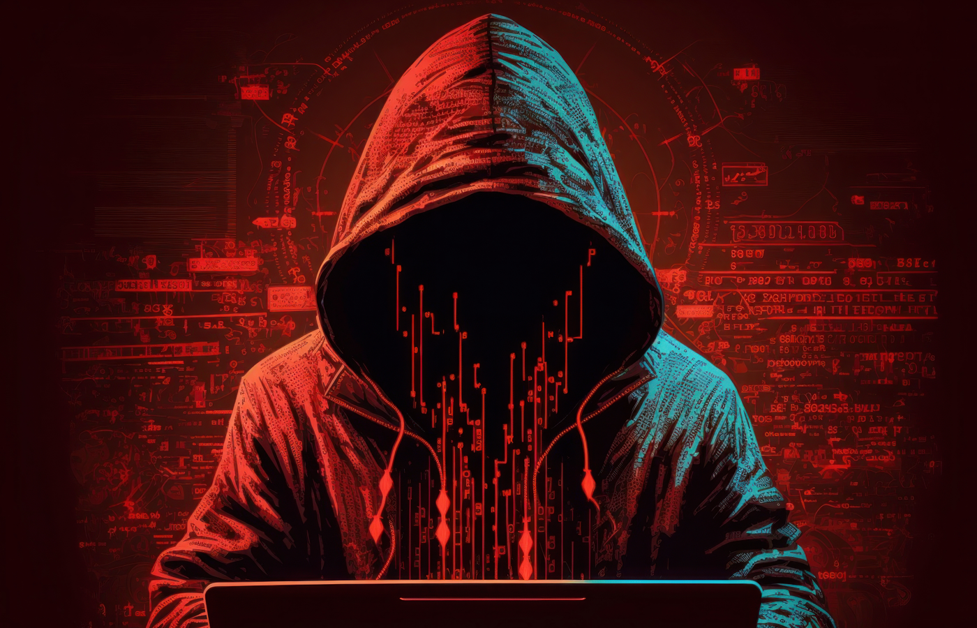 Hooded hacker stealing data with a laptop.