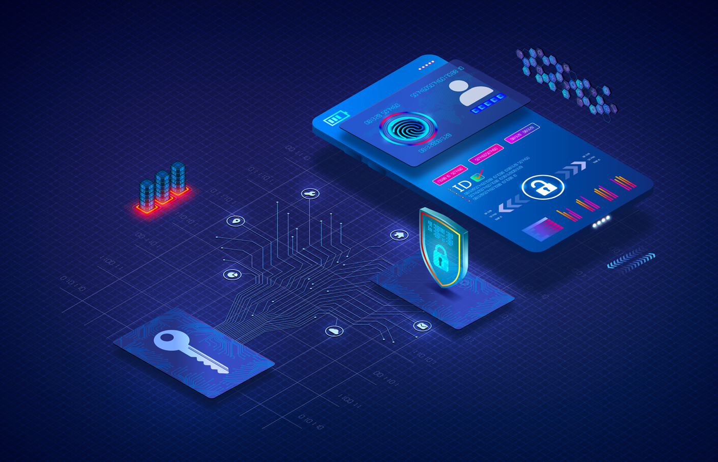 Isometric illustration of single sign on authetication concept.