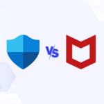 Versus graphic featuring the icons of Microsoft Defender and McAfee.