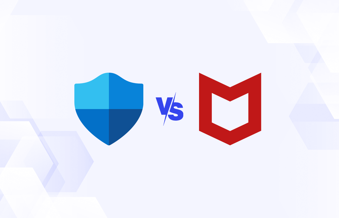 Versus graphic featuring the icons of Microsoft Defender and McAfee.