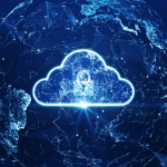 A prominent cloud icon with a closed lock on a virtual abstract world map.