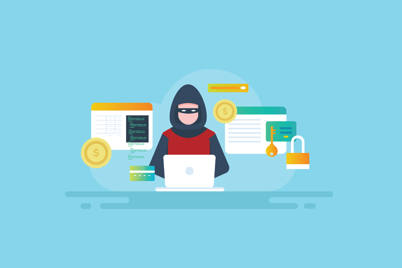 Hooded hacker with laptop trying to do cyberattacks.