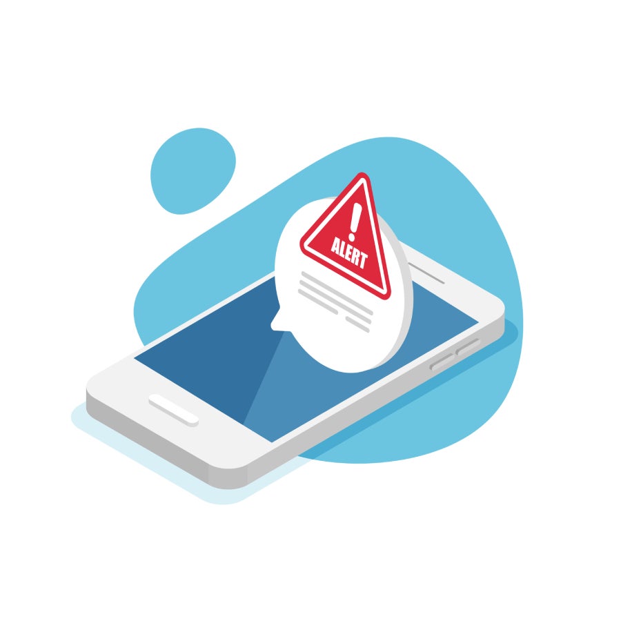 A cartoon image of a smartphone with a pop up text about an alert scam.