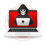 Laptop with hacker in the middle.
