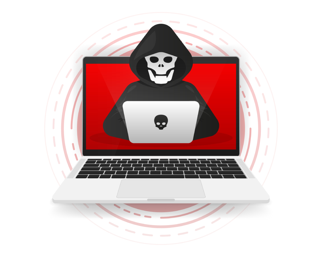 Laptop with hacker in the middle.