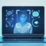 Laptop on desk with face recognition hologram on light backdrop.