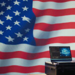 USA flag with laptop using AI software.