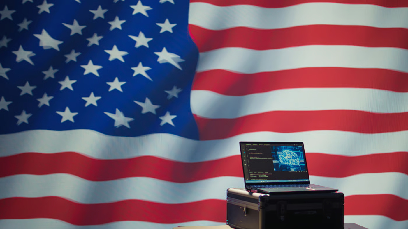 USA flag with laptop using AI software.
